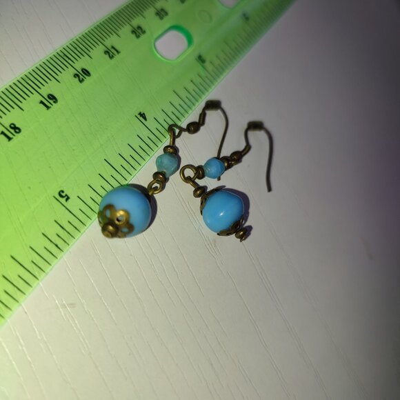 Azure Boho Earrings Dangles Hooks Beaded Blue Academia Anque Gold Metal Tone - Picture 4 of 5